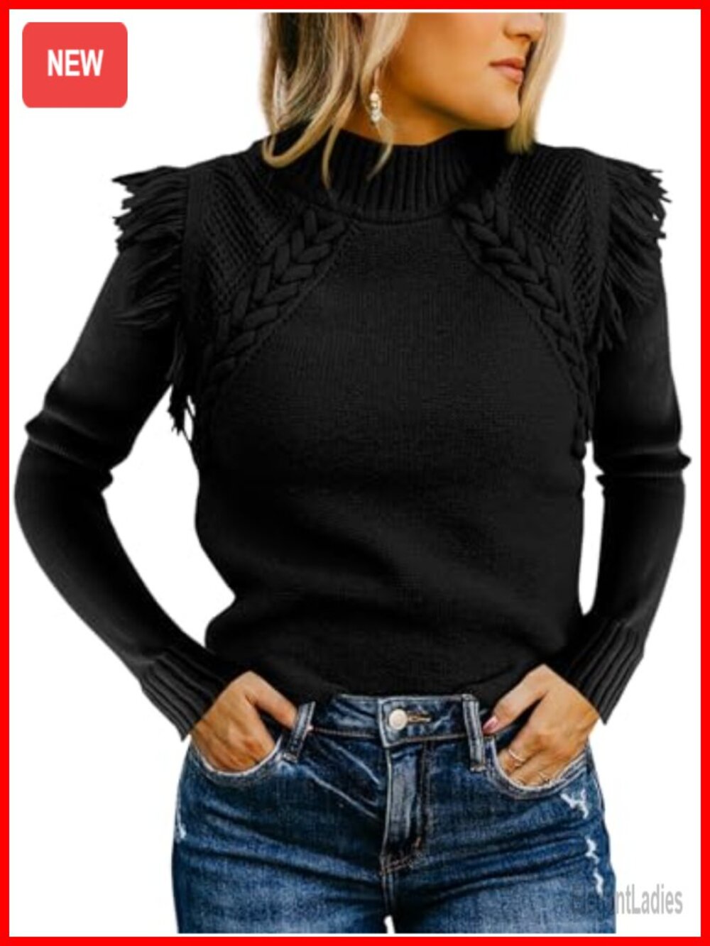 Cable Knit Mock Neck Fringe Sweater Slim Fit Long Sleeve Pullover